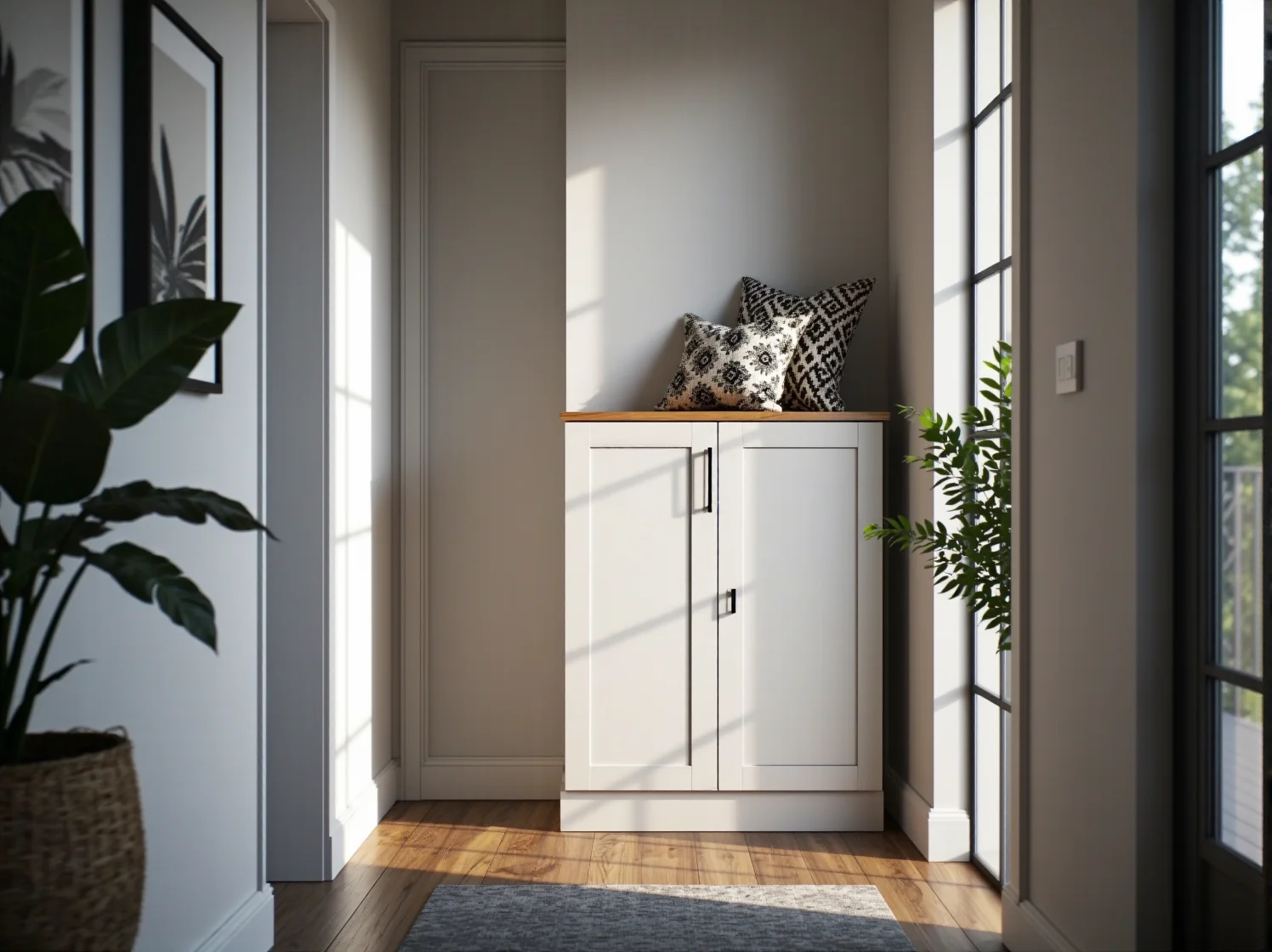 Malowanie i wykończenie szafki na buty. Nakładanie białej farby na gotowy mebel.