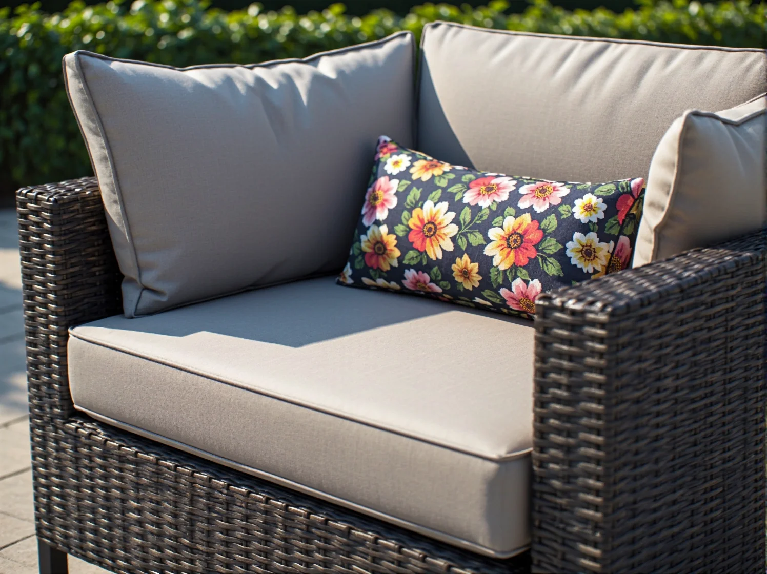 Zbliżenie na wodoodporne poduszki ogrodowe o wysokiej jakości wypełnieniu, zapewniające komfort.