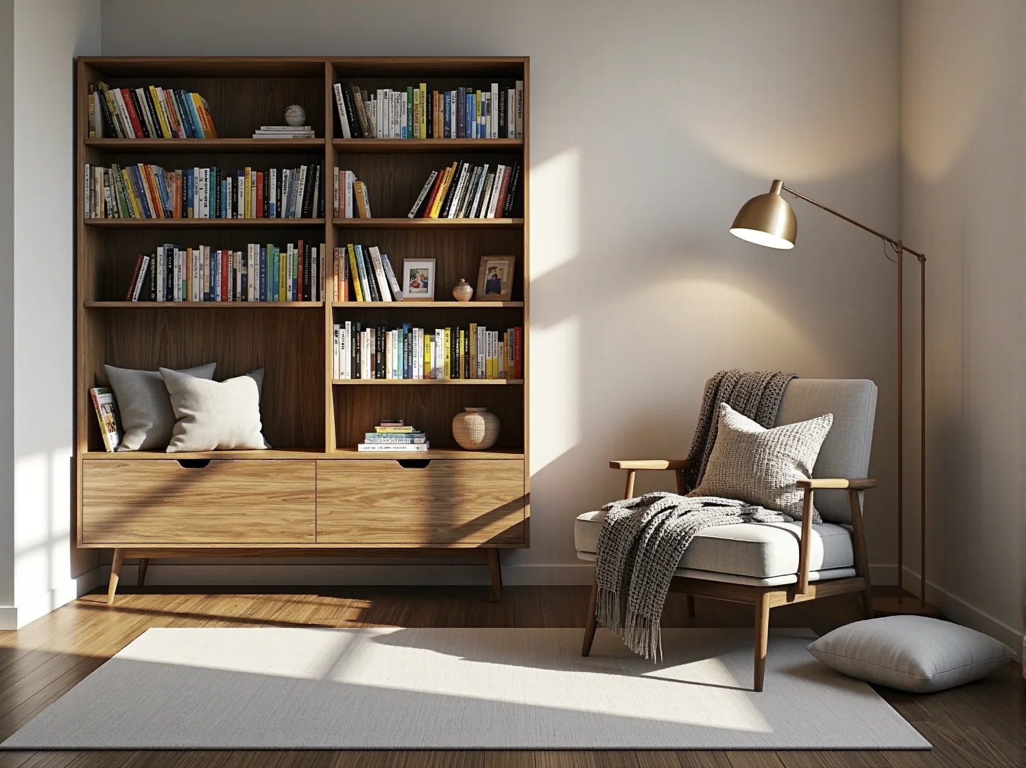 Aranżacja pokoju dziecka ze zdrowych materiałów – drewniane biurko i półki na książki.