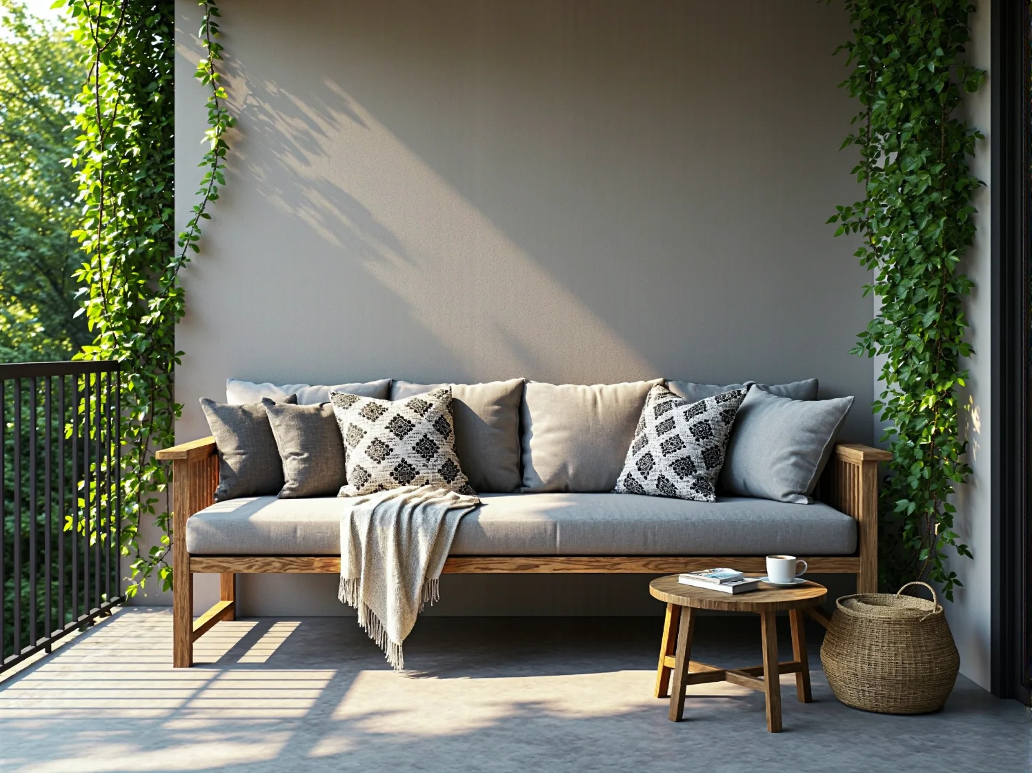 Zestaw mebli balkonowych z technorattanu w przytulnej aranżacji z roślinami.