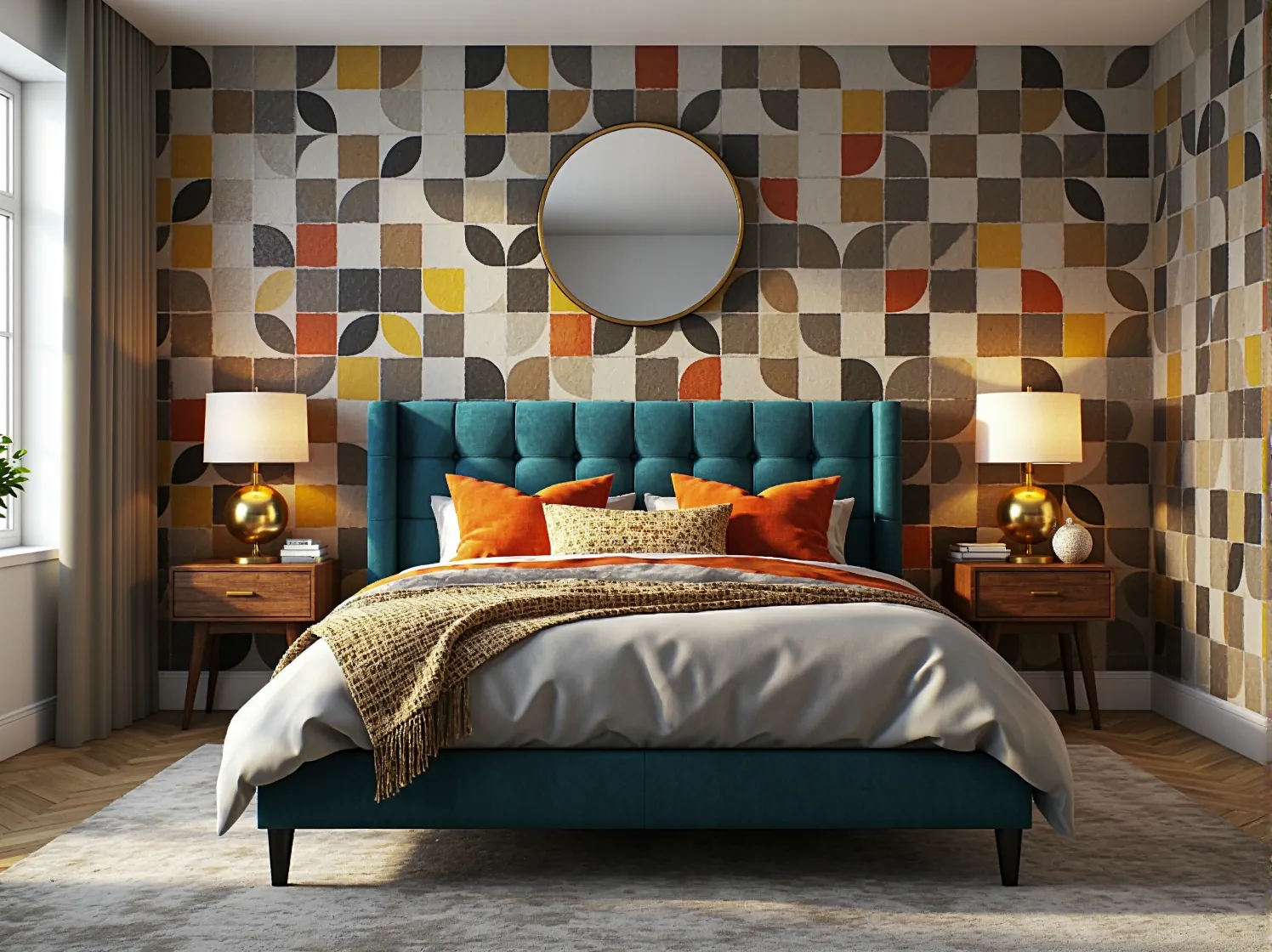 Wystrój pokoju w ziemistych odcieniach lat 70.: musztardowa kanapa, brązowe meble i zielone rośliny.