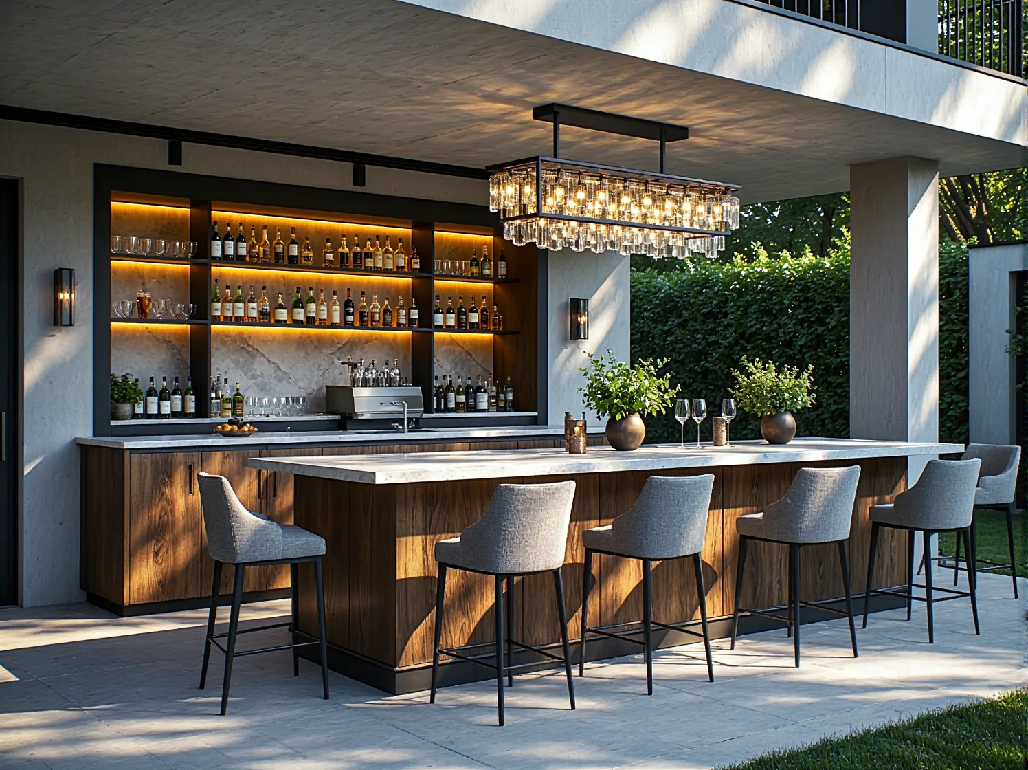 Złote lampiony i lśniące dodatki, które tworzą luksusowy nastrój w aranżacji ogrodu w stylu glamour.