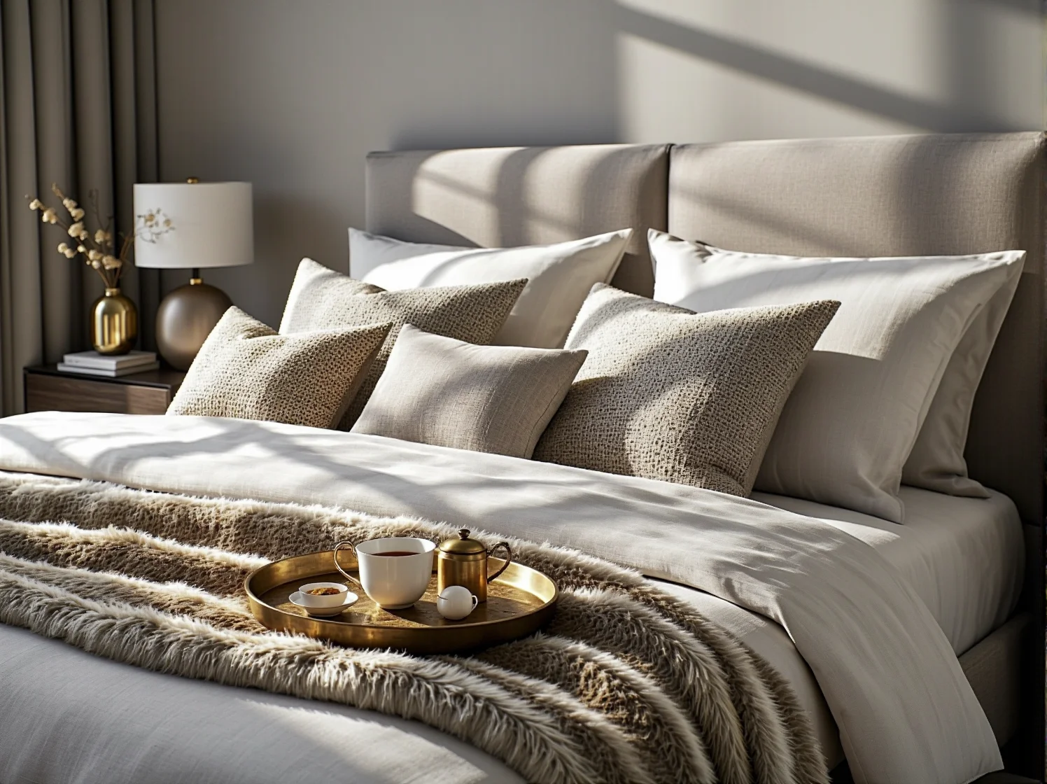 Detal aranżacji sypialni japandi z elementami glamour: stolik nocny z naturalnego drewna i designerska, złota lampa.