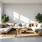 Narożna sofa modułowa jasnoszara na drewnianych nogach z poduszkami