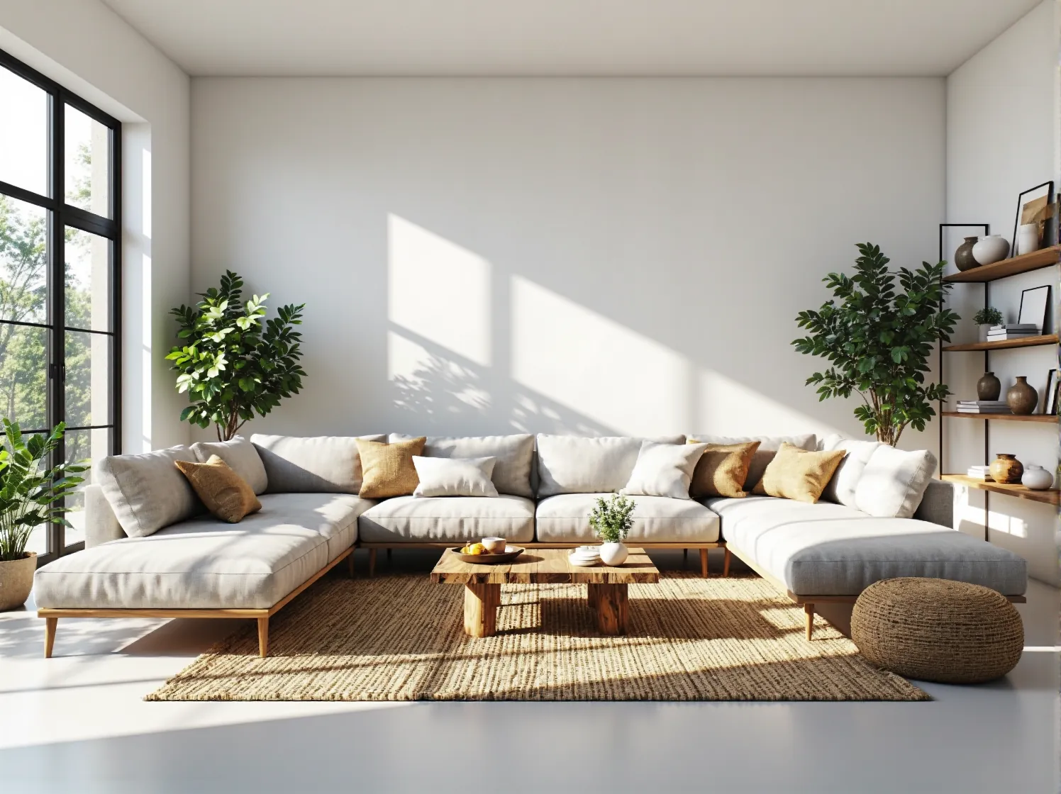 Narożna sofa modułowa jasnoszara na drewnianych nogach z poduszkami