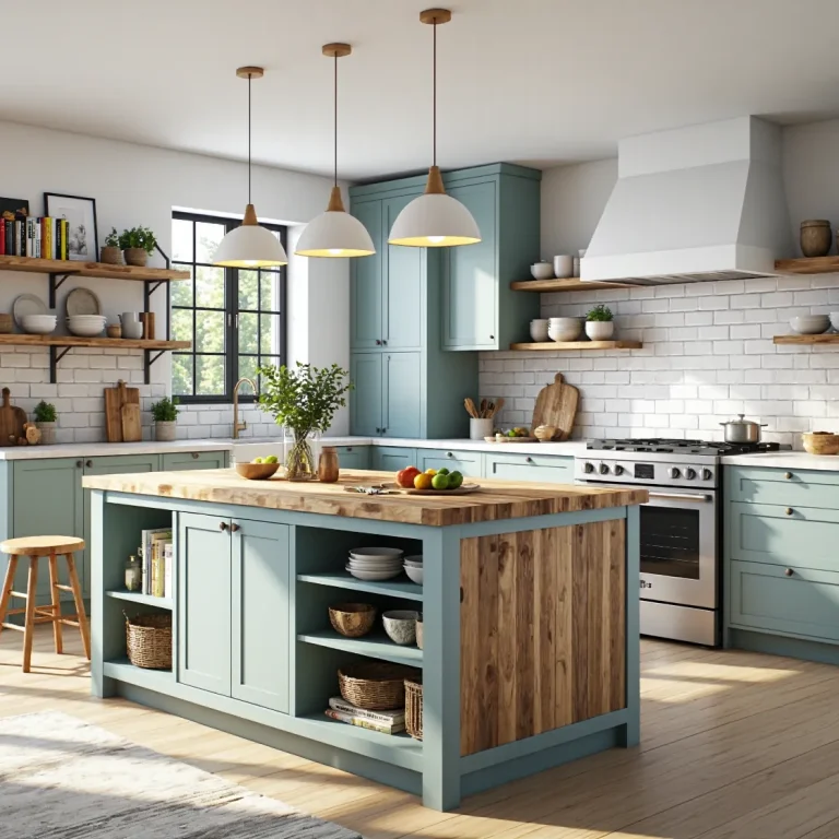 Szafki kuchenne szałwiowe z drewnianym blatem i otwartymi półkami