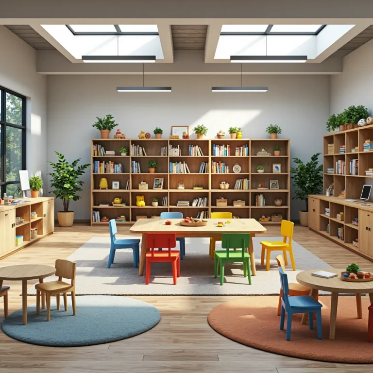 Zestaw mebli przedszkolnych dąb naturalny z regałami i kolorowymi krzesełkami
