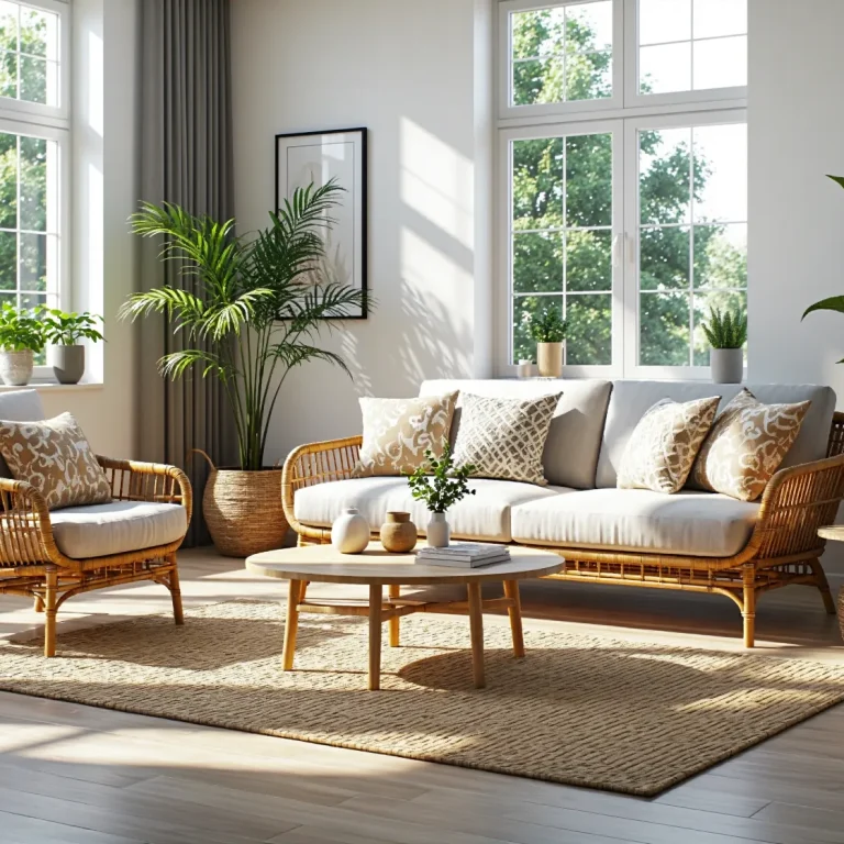 Komplet wypoczynkowy rattanowy z sofą i fotelem z jasnymi poduszkami