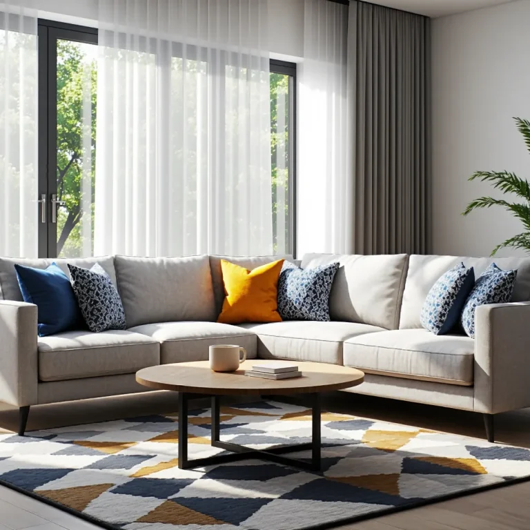 Narożna sofa szara z kolorowymi poduszkami dekoracyjnymi