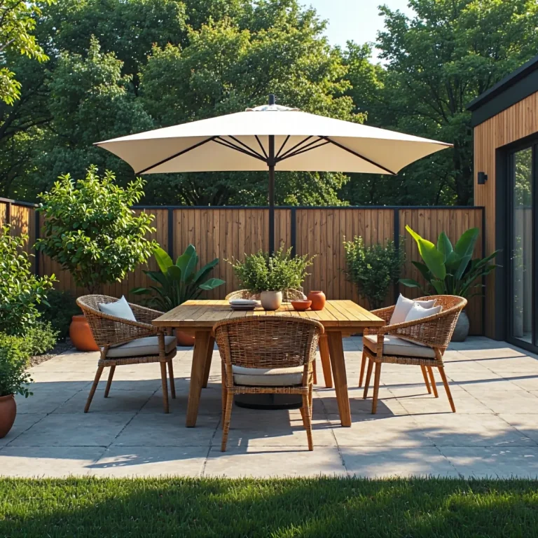 Zestaw mebli ogrodowych rattanowych z drewnianym stołem i parasolem