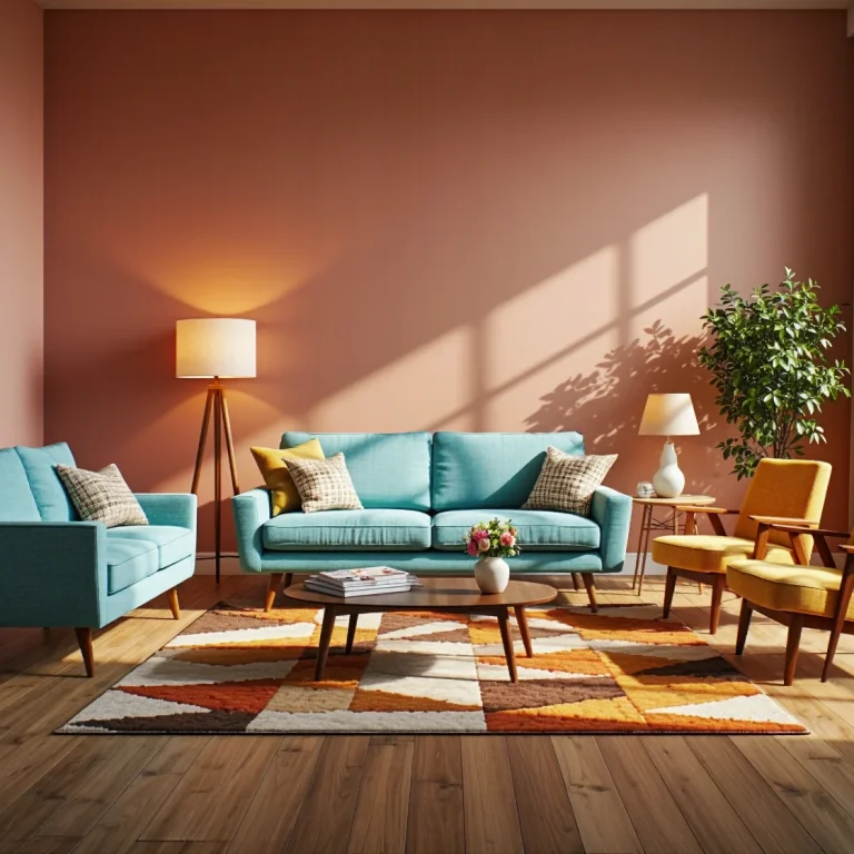 Turkusowa sofa retro z drewnianymi nóżkami i musztardowe fotele