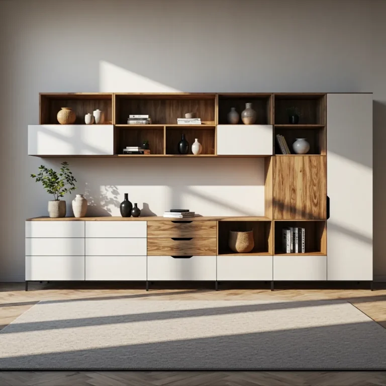 Modulowa meblościanka biało-dębowa z otwartymi półkami i szufladami