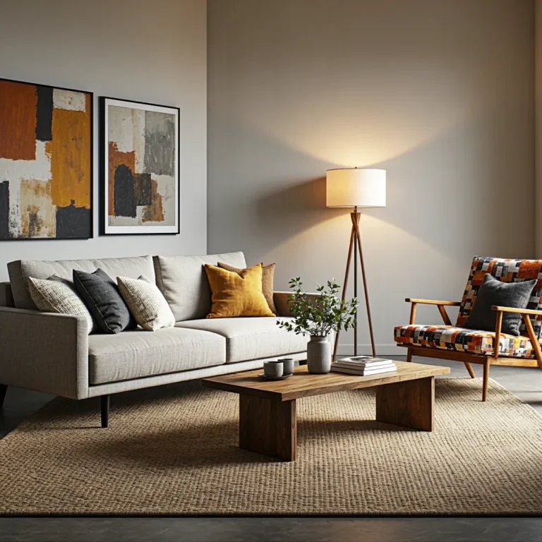 Szara sofa tapicerowana z kolorowymi poduszkami dekoracyjnymi