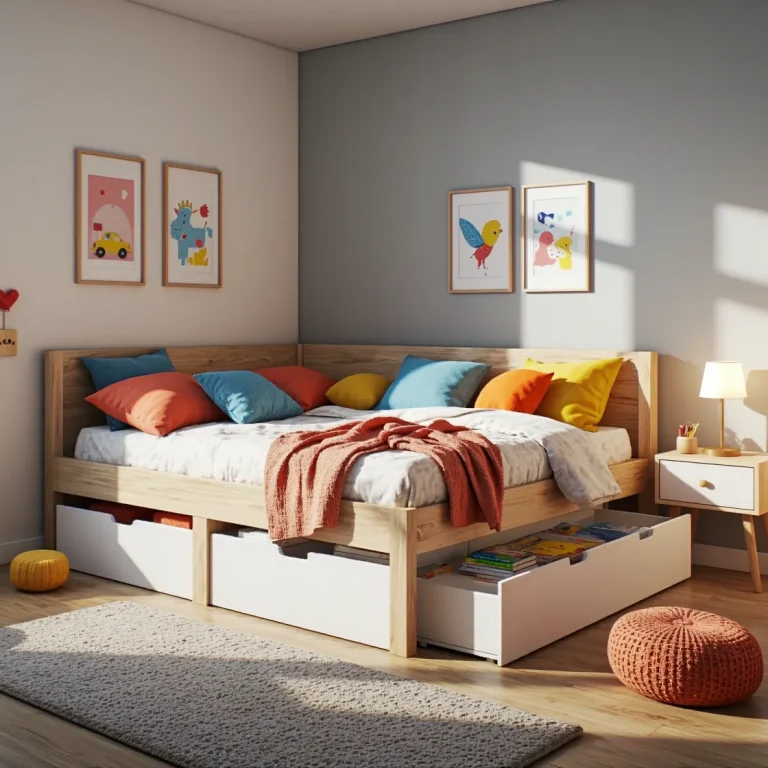 Łóżko dziecięce dąb craft z białymi szufladami na zabawki