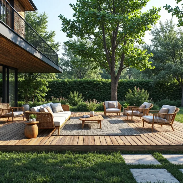 Zestaw mebli ogrodowych rattanowych z kremowymi poduszkami na tarasie