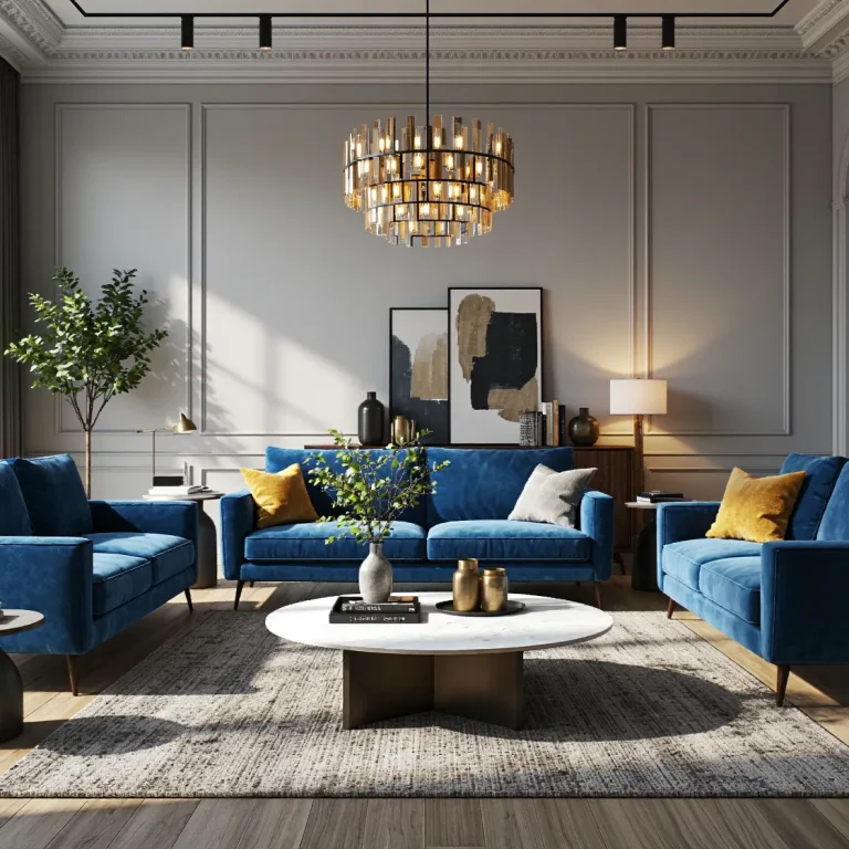 Komplet wypoczynkowy niebieski welurowy z fotelem i sofami