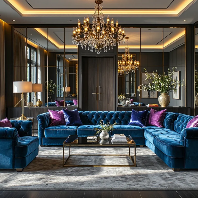 Luksusowa sofa narożna granatowa welurowa w stylu Chesterfield