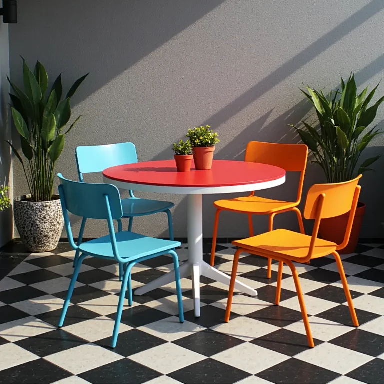 Zestaw ogrodowy retro okrągły stół czerwony z kolorowymi krzesłami
