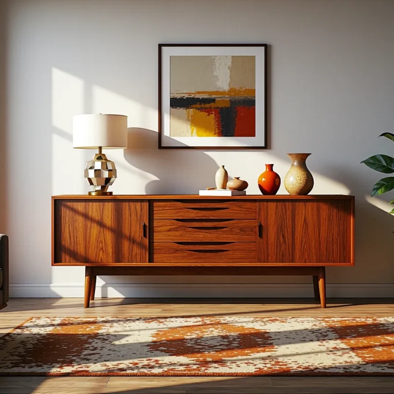 Komoda vintage drewno tekowe z szufladami i przesuwanymi drzwiami