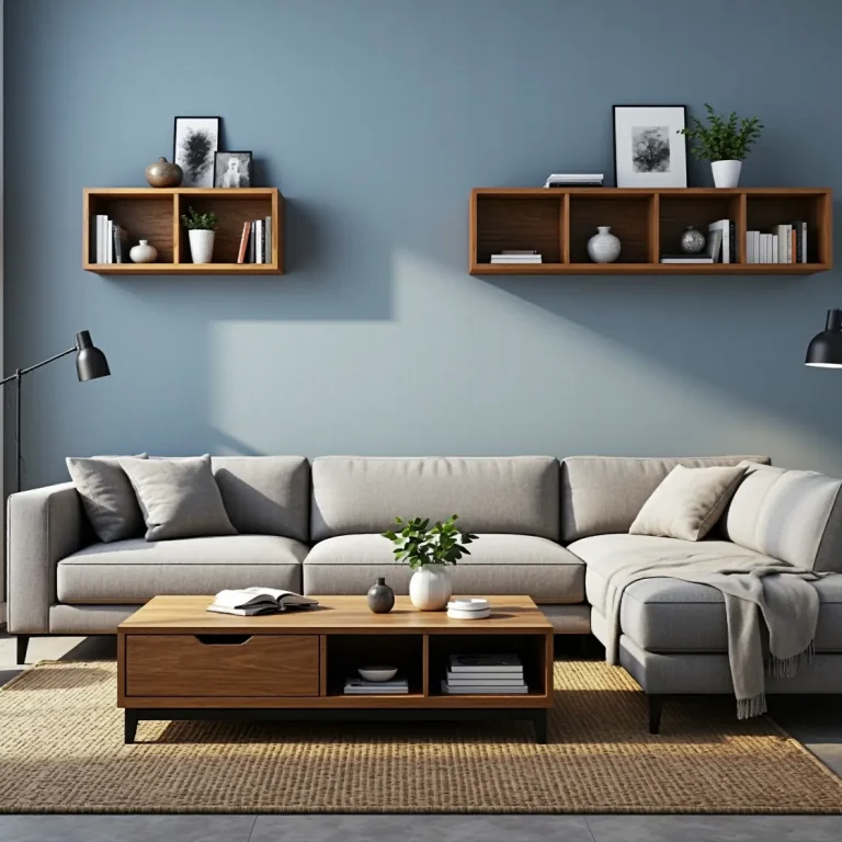 Szara narożna sofa z poduszkami i stolik kawowy dąb craft