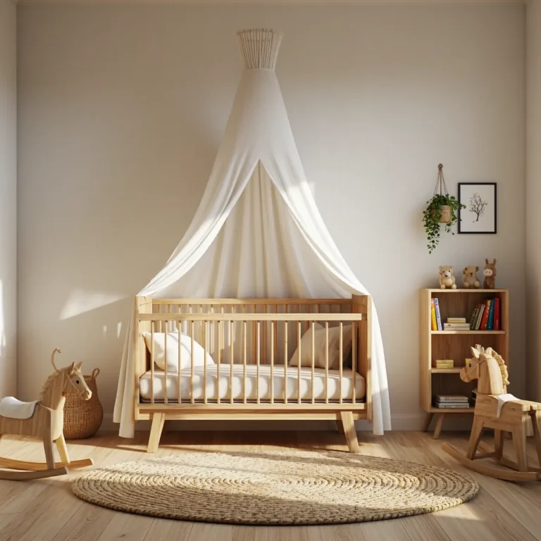 Łóżeczko dziecięce sosnowe z baldachimem i szczebelkami