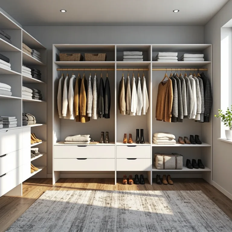 Biała szafa garderobiana otwarta z półkami i szufladami