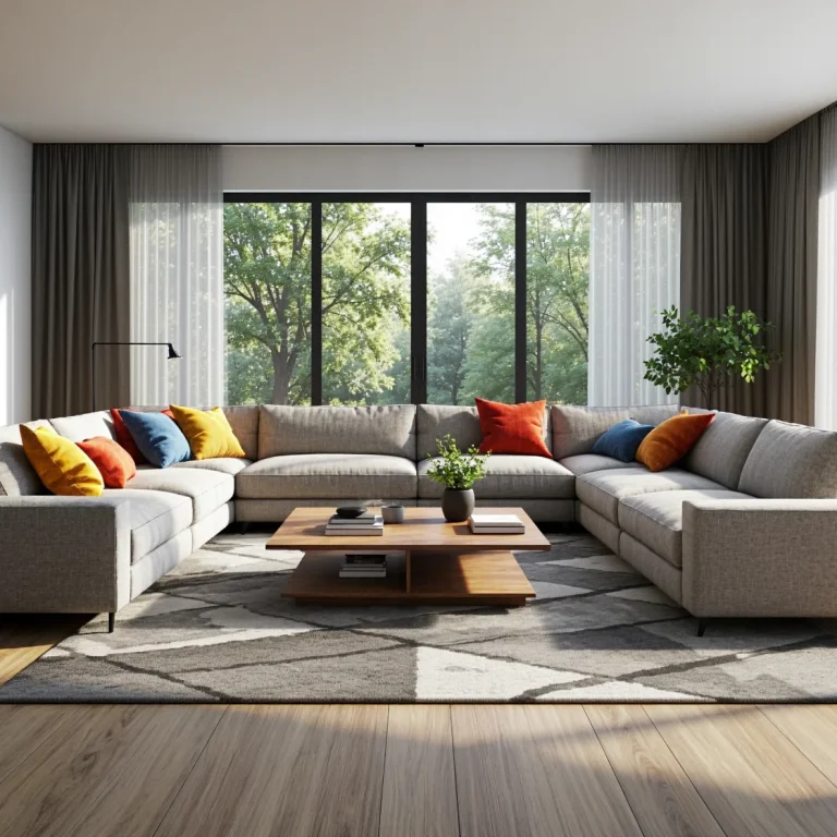 Modułowa sofa narożna szara z kolorowymi poduszkami dekoracyjnymi