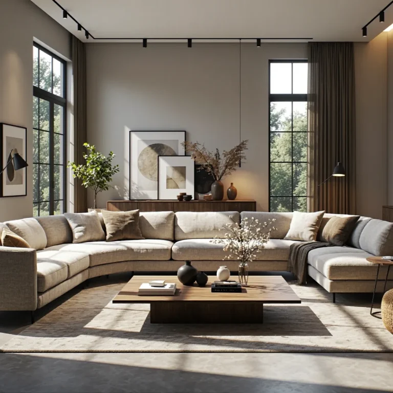 Luksusowa narożna sofa beżowa z miękkimi poduszkami dekoracyjnymi