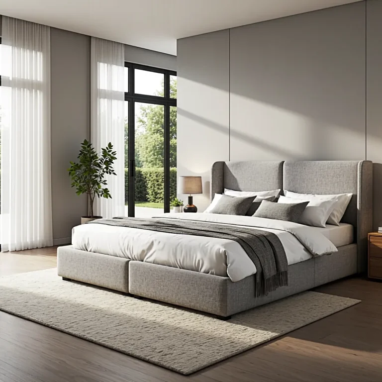 Tapicerowane łóżko kontynentalne szare z wysokim zagłówkiem