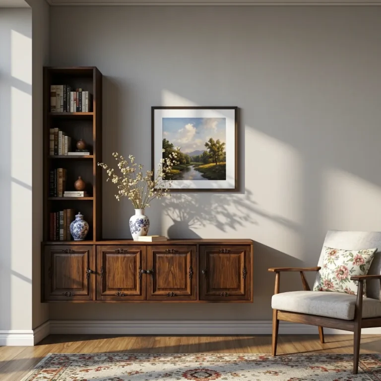 Wisząca szafka z regałem orzech vintage z klasycznymi uchwytami