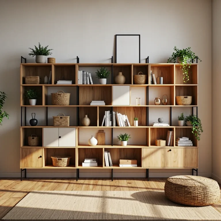 Skandynawski regał modułowy dębowy z metalową ramą i zamykanymi szafkami