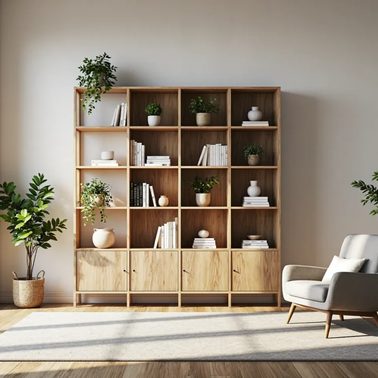 Regał skandynawski dąb naturalny z otwartymi półkami i szafkami
