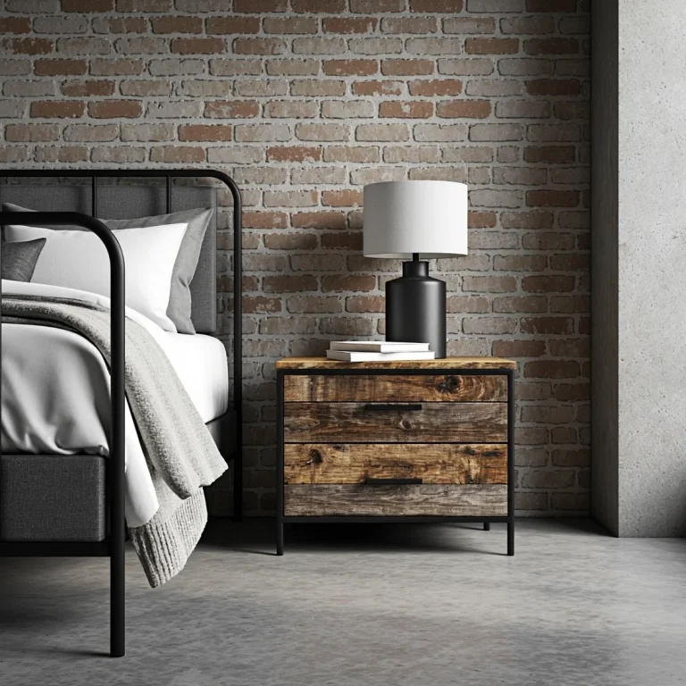 Industrialny stolik nocny drewniany z dwiema szufladami na metalowej ramie