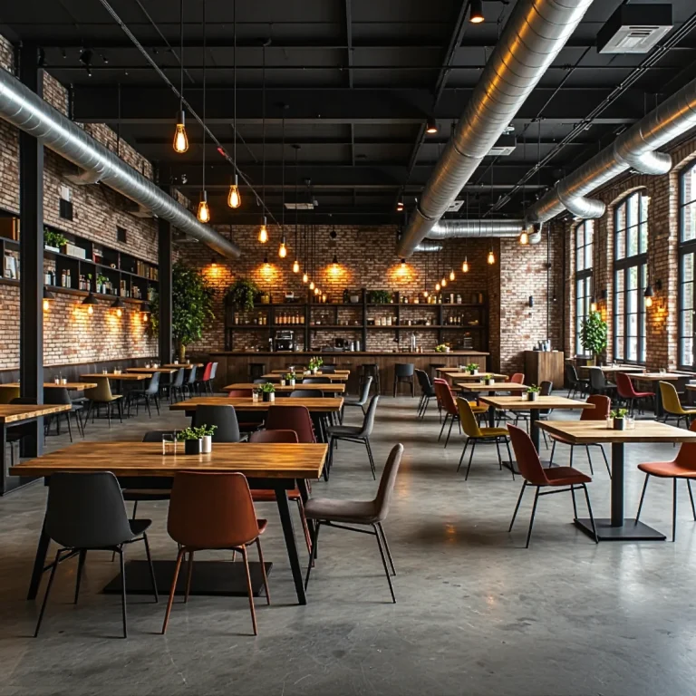 Stoły industrialne z drewnianym blatem i metalowymi nogami do restauracji