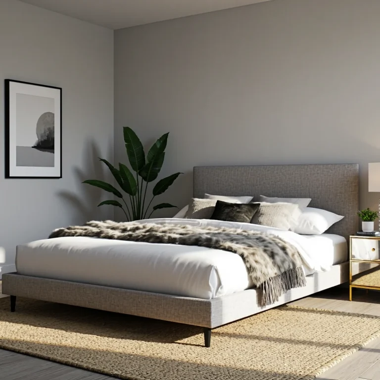 Tapicerowane łóżko szare dwuosobowe z wysokim zagłówkiem